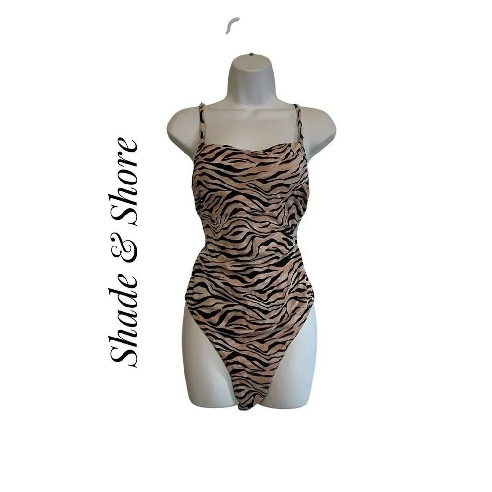 Shade & Shore Large One Piece Bikini Lace Up Open Back Tiger Print
